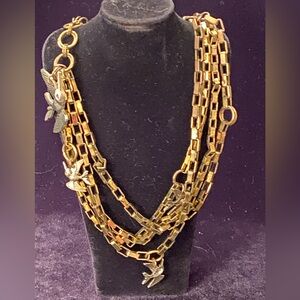Brutalist Brass Gold chain Link Multi Strand with Silver Birds Necklace